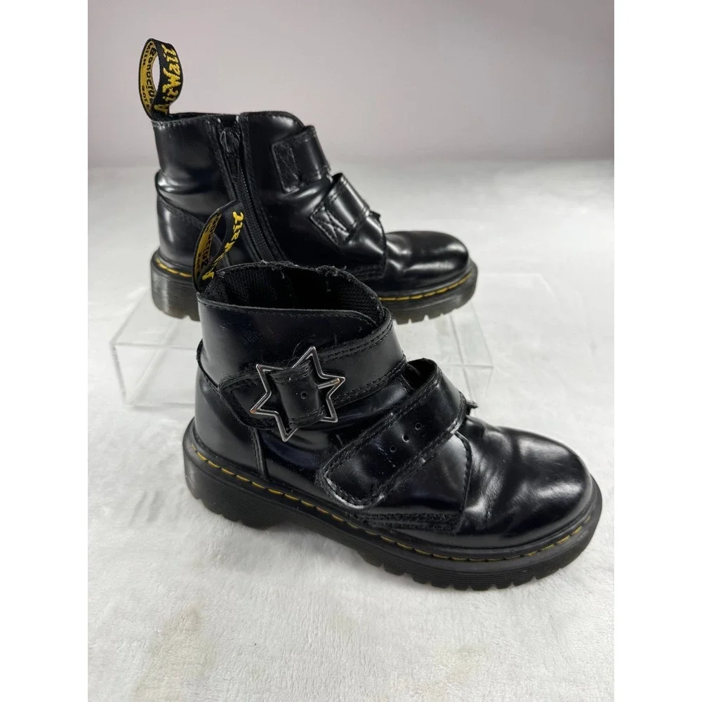 Dr. Martens Devon Bex Star‎ Buckle Ankle Boots Kids 1 Black Leather Side Zipper
